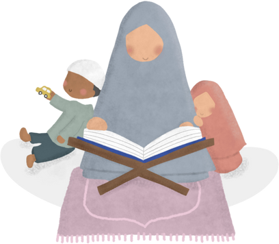 Muslim Mother with Children Reading Quran
